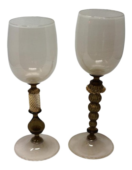 Latticino Murano Glass Stemware by Davide Fuin: These spectacular wine glasses are created by Davide Fuin, Glass Master of Murano. The glass has Latticino effects and also features gold dust infusion. Signed by the Artist. Price is for the pair.