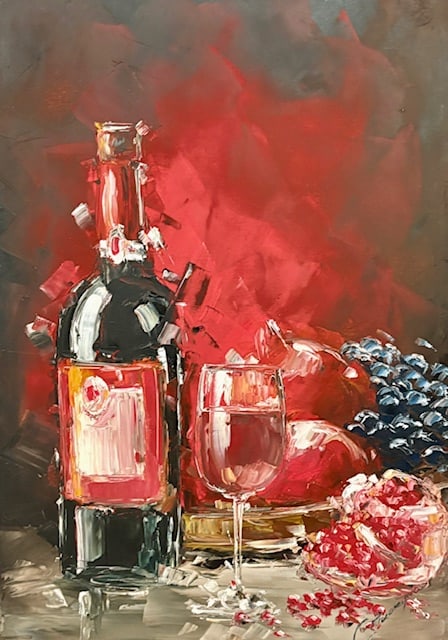 Still Life with Wine and Pomegranates Painting: Lovely, framed painting by Sergey Piskunov. Measures 14" x 20" plus frame. Oil on Canvas.