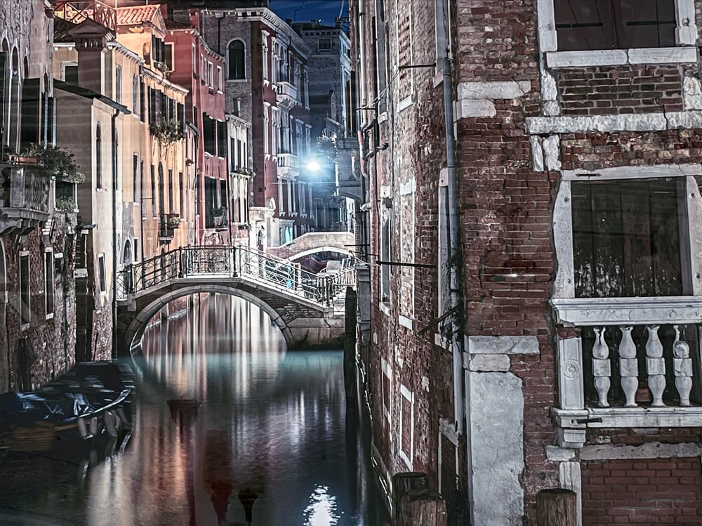 Scene of Venitian Canal on Aluminum: Breathtakingly beautiful highly detailed photograph of Venice at Night, applied to aluminum. Ready for hanging. Measures 30" x 40".