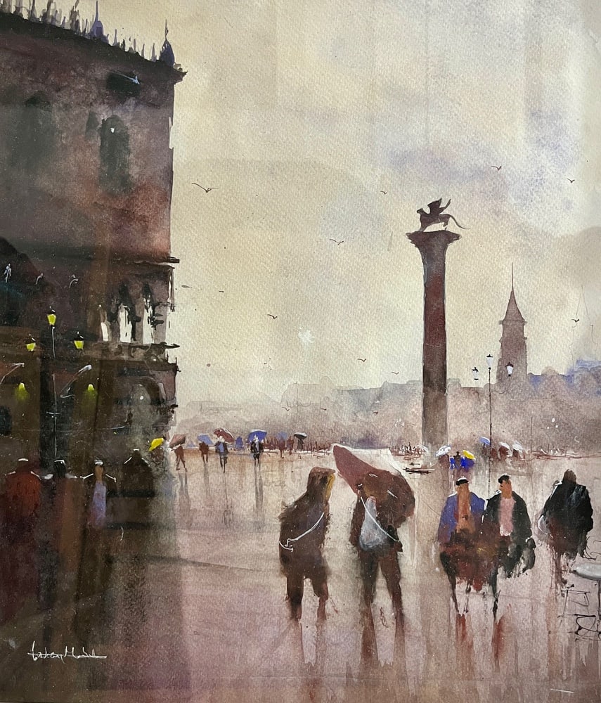 Contemporary Venetian Cityscape Watercolor Painting, Framed: This is an enchanting impressionist watercolor painting of Venice, showing the area of San Marco. A truly beautiful piece for any room. Actual painting measures 14" x 15".