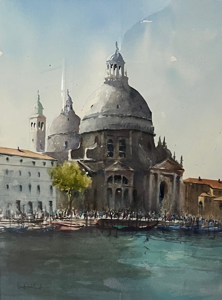 Original Watercolor Painting of Venice: Lovely watercolor painting of Venice by one of the local artists, beautifully matted and framed. Original piece, signed by the artist. Measures 11" x 15". With frame, it measures 20.5" x 24.5".