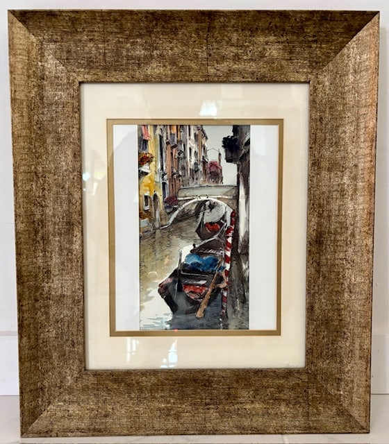 Venice Watercolor Painting by Giovanni Bonazzon: Artist Giovanni Bonazzon lives in Venice and paints the scenes of that area every day. His water colors are sought after by many art collectors. This piece is matted, framed and under glass. This
