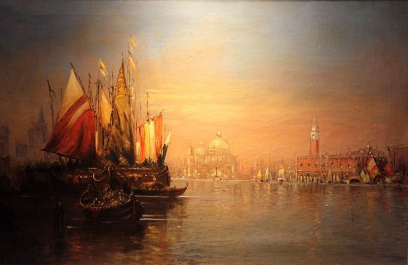 Antique Painting "Venetian Sunset": This lovely original oil painting is well over 100 years old and beautifully portrays the scenes of Venice from that period. Lovely coloring and a wonderful piece of antique art for any home. 