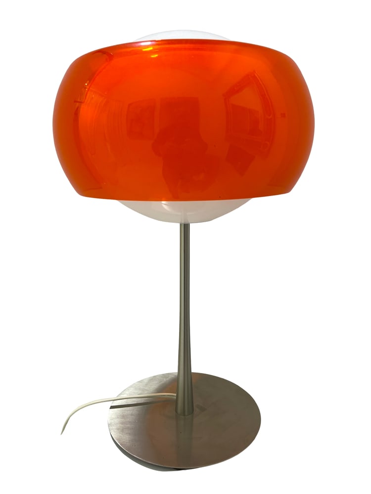 O-Ring Murano Glass Table Lamp by Mazzega: Very contemporary and beautiful table lamp made with Murano Glass from the furnaces of Mazzega. Great orange coloring with this model called "O-Ring". Stands 18" tall. A matching floor lamp is