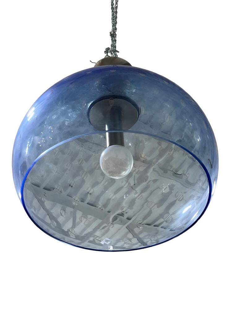 Large Blue Murano Glass Suspension Light by Mazzega: This is an incredible suspension Glam light made with blown glass from the Murano furnaces of Mazzega. This beautiful blue globe features controlled bubbles. It measures 13" high x 15" across. The hei