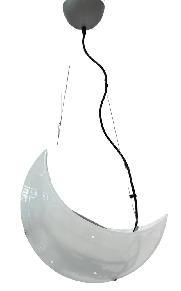 Luna Moon Suspension Light of Murano Glass: This fantastic Suspension light was created in the furnaces of Murano, Italy. Made of blown glass and shaped into a crescent moon! Displays beautifully in any home. An incredible piece of art that act