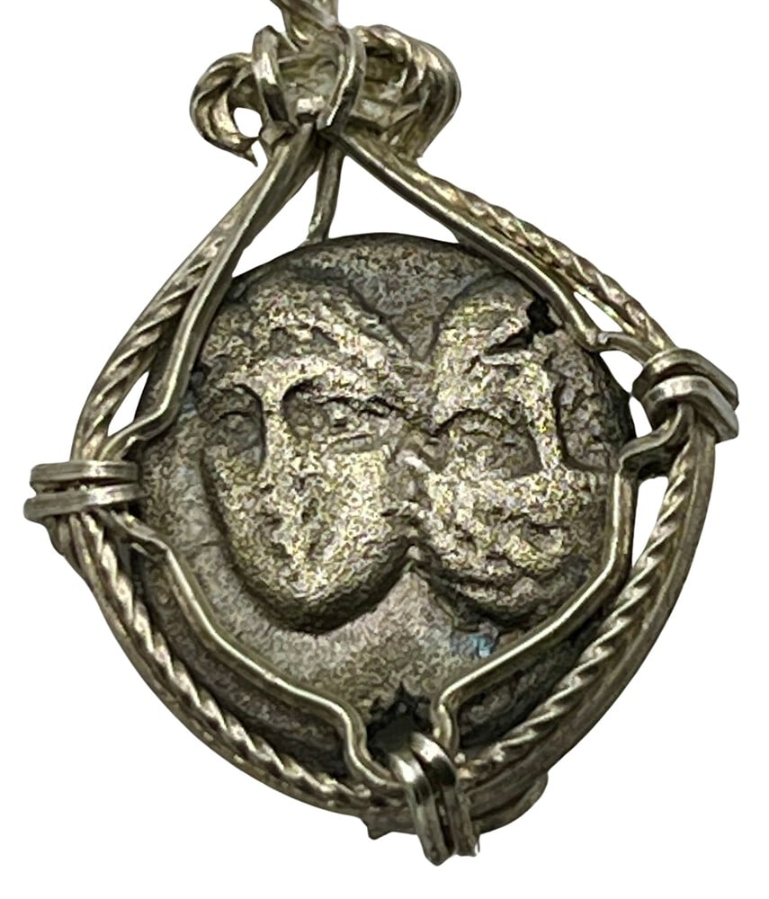 Ancient Gemini Twins Coin Pendant: Acquire a piece of ancient history with this genuine silver coin, featuring the Gemini Twins and an Eagle and Porpoise, masterfully converted into an exquisite pendant necklace. A very rare and signif
