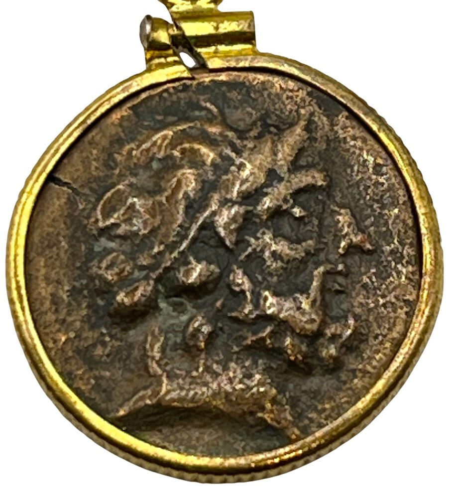 Nike and Zeus 300 BC Coin Pendant: Acquire a piece of ancient history with this genuine bronze coin, featuring Nike and Zeus, masterfully converted into an exquisite pendant necklace. A very rare and significant piece of history! (#256