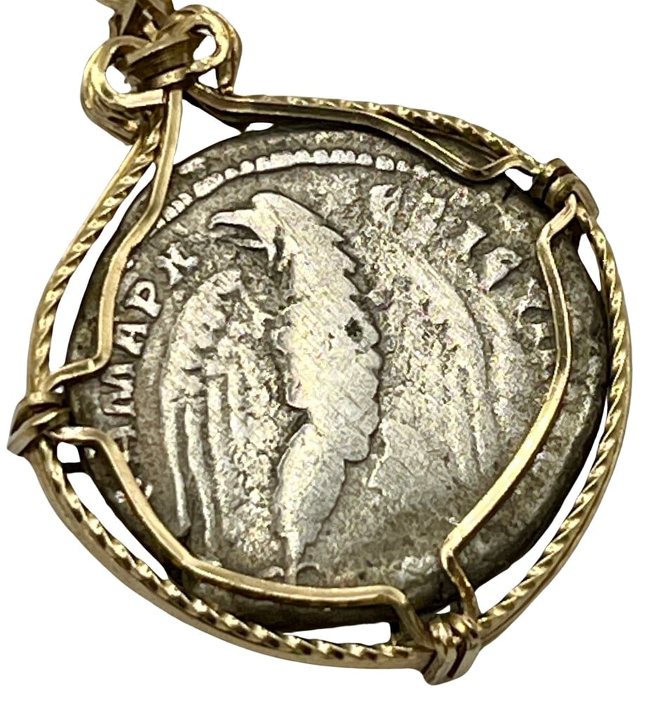 Roman Emperor Macrinus Coin Pendant: Acquire a piece of ancient history with this genuine silver coin, featuring Emperor Trajan and Zeus, masterfully converted into an exquisite pendant necklace. A very rare and significant piece of