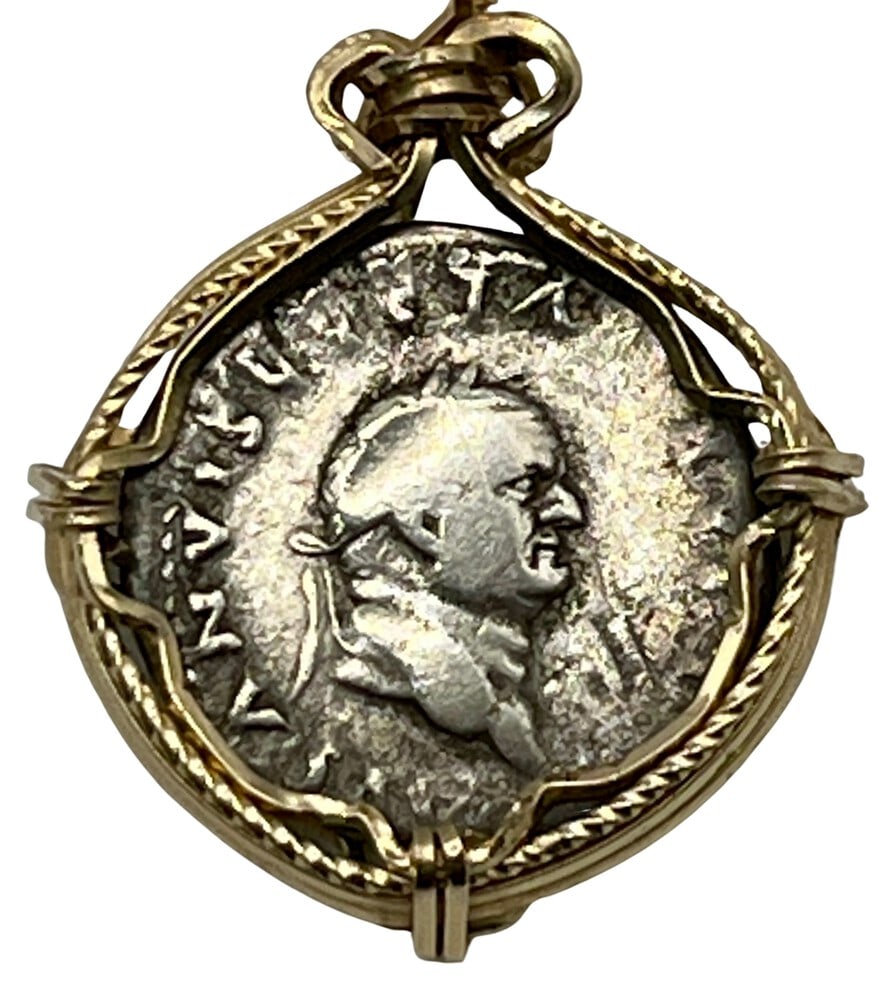 Emperor Vespasian Roman Coin Pendant: Acquire a piece of ancient history with this genuine Vespasian coin, the Emperor who built the Colosseum of Rome, masterfully converted into an exquisite pendant necklace. (#101)Highlights:- Authentic