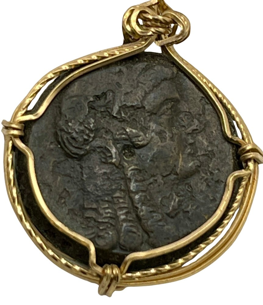 Cleopatra and Zeus Coin Pendant: Acquire a piece of ancient history with this genuine bronze coin, featuring Cleopatra and an Eagle (symbol for Zeus), masterfully converted into an exquisite pendant necklace. A very rare and signific