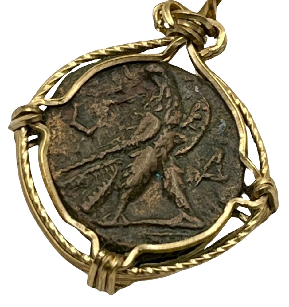 Emperor Severus and Eagle Coin Pendant: Acquire a piece of ancient history with this genuine bronze coin, featuring Emperor Severus and an Eagle, masterfully converted into an exquisite pendant necklace. A very rare and significant piece of