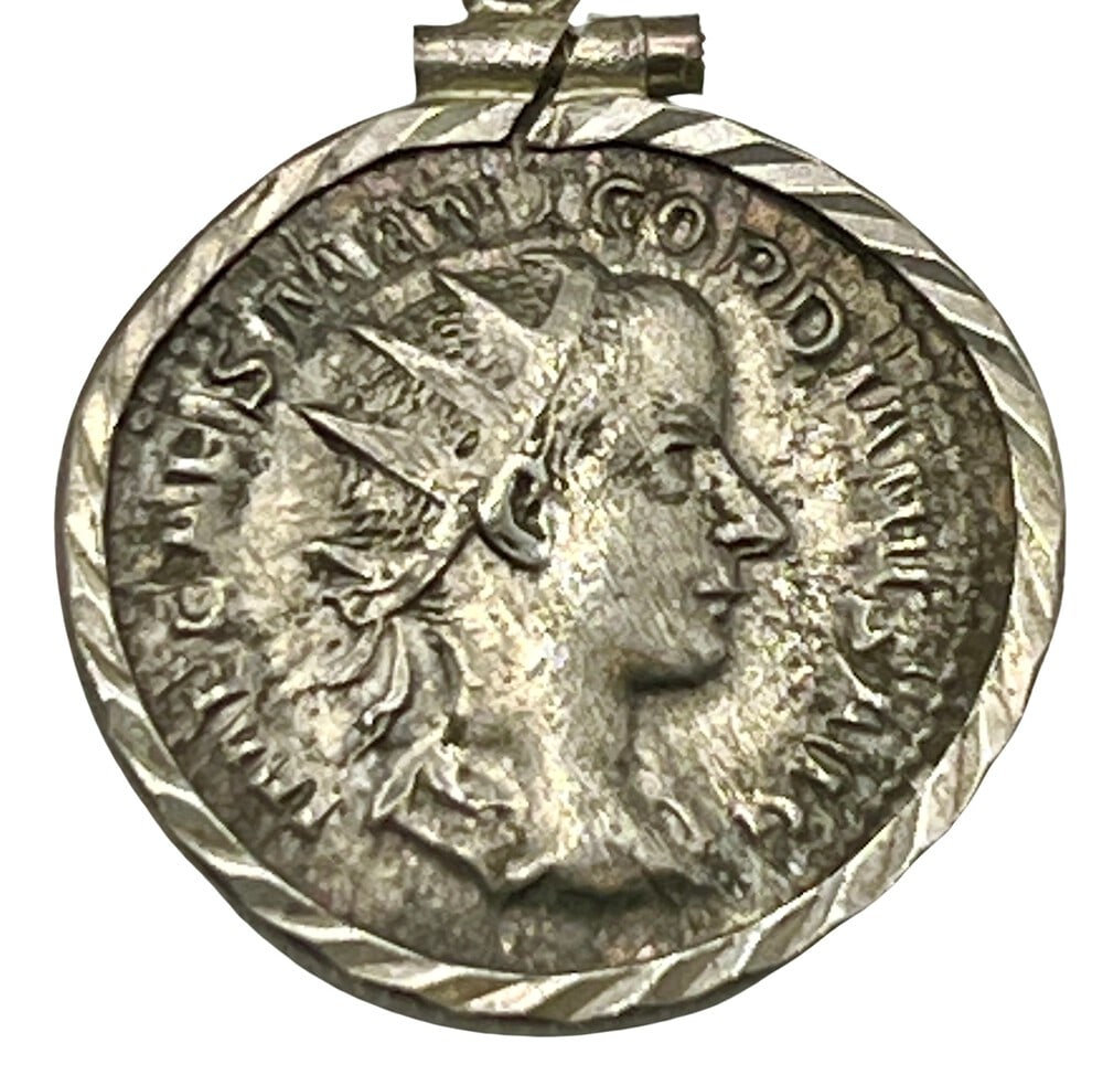 Emperor Gordianus and Mars Coin Pendant: Acquire a piece of ancient history with this genuine silver coin, featuring Emperor Gordianus and Mars, masterfully converted into an exquisite pendant necklace. A very rare and significant piece of h