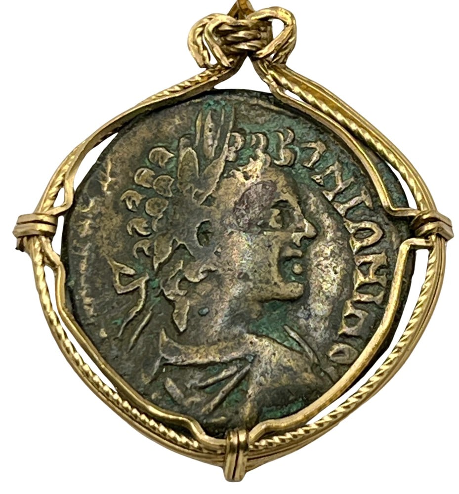 Emperor Caracalla and Pax Coin Pendant: Acquire a piece of ancient history with this genuine bronze coin, featuring Emperor Caracalla and Pax, masterfully converted into an exquisite pendant necklace. A very rare and significant piece of hi