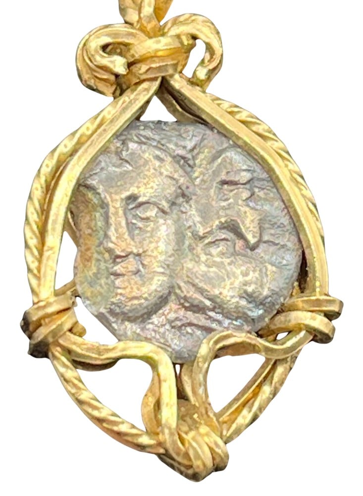 Ancient Gemini Twins Coin Pendant: Rare ancient Gemini Twins authentic silver coin, expertly transformed into astunning pendant necklace. (#180) Features:Genuine ancient silver coin (circa 400 BCE)Beautifully mounted in a pendant