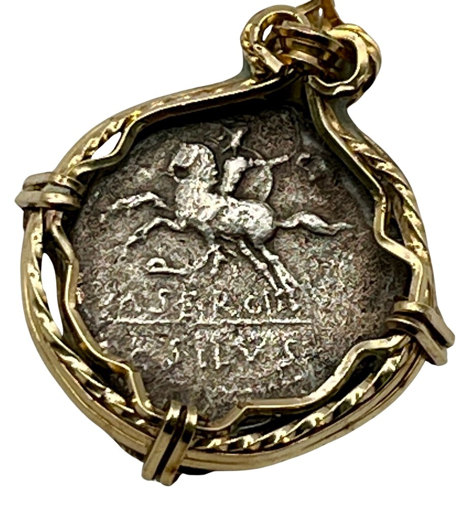 Roman Gladiator on Horse Coin Pendant: Rare Roman Gladiator on a Horse Coin made into a Pendant-A Piece of History.Own a piece of ancient history with this authentic silver coin, expertly transformed into a stunning pendant. (#90A)Genuine