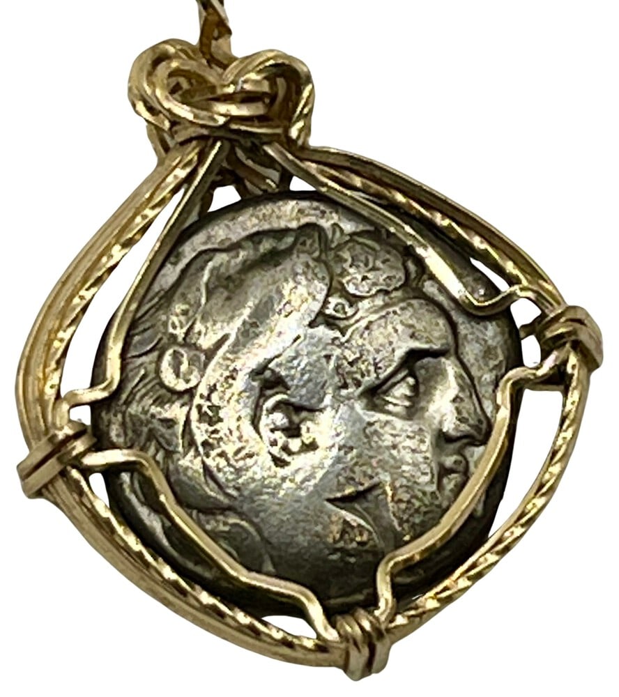 Ancient Coin of Alexander the Great Pendant: Acquire a fragment of ancient history with this genuine silver coin, featuring Alexander the Great, masterfully converted into an exquisite pendant necklace. (#252)- Authentic ancient silver coin (cir