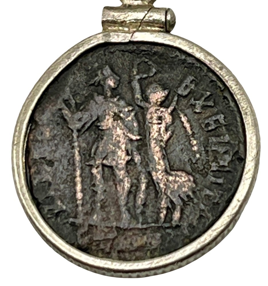 Emperor Honorius Coin with Angel Pendant: Roman Emperor Honorius and Angel, authentic bronze coin, expertly transformed into a stunning pendant necklace. (#119)Genuine ancient bronze coin (circa 395 AD)Beautifully mounted in a pendant setting