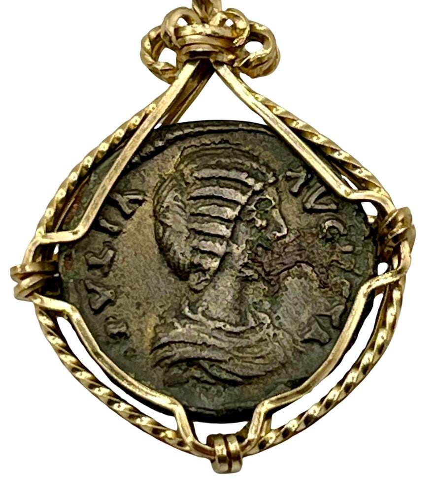 Empress Julia Domna and Diana Coin Pendant: Genuine ancient bronze coin (circa 200 AD)Beautifully mounted in a pendant setting, showcasing the coin’s intricate details.Includes a Certificate of Authenticity from a reputable dealerPaired w