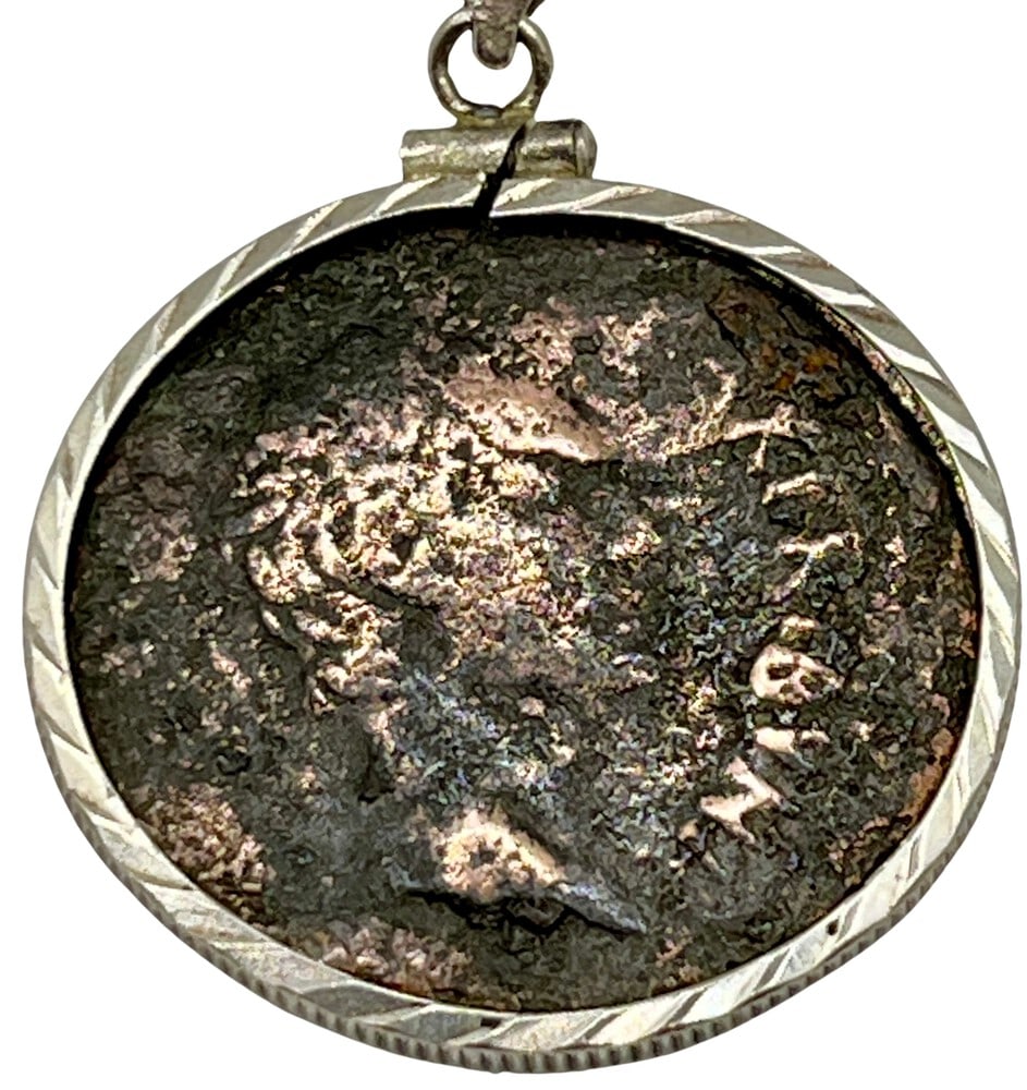 Emperor Caesar Augustus Coin Necklace Pendant: Emperor Caesar Augustus, Rome's first Emperor authentic bronze coin, expertly transformed into a stunning pendant necklace. (#202)Genuine ancient bronze coin (circa 25 BCE).Beautifully mounted in a pe