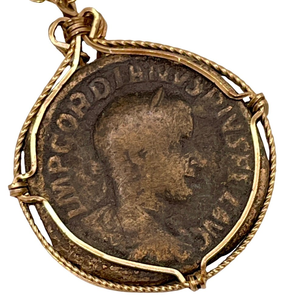 Coin of Roman Emperor Gordianus Necklace: Roman Emperor Marcus Gordianus authentic bronze coin, expertly transformed into a stunning pendant necklace. (#221)Genuine ancient bronze coin (circa 235 AD).Beautifully mounted in a pendant setting,