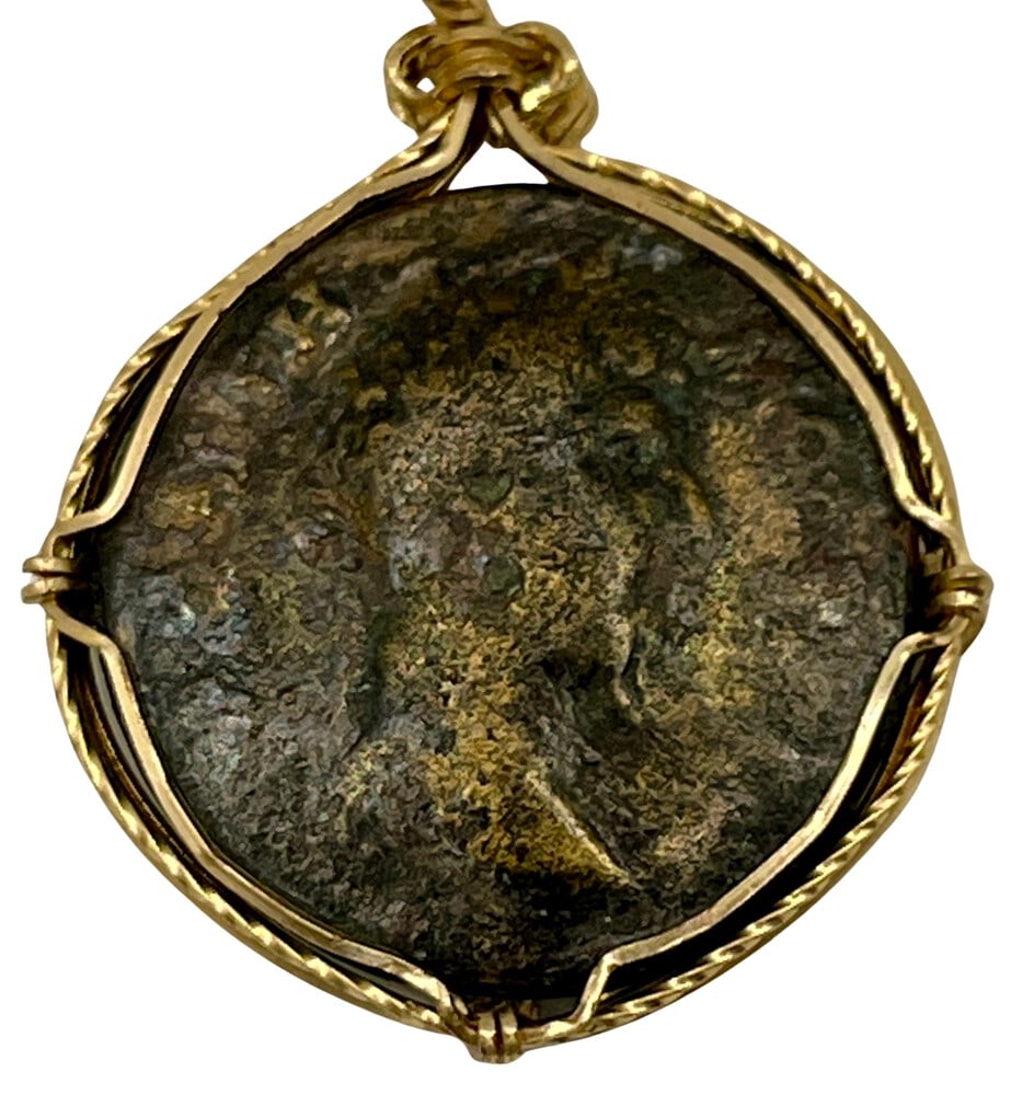 Roman Emperor Aurelianus Coin Necklace: Roman Emperor Aurelianus authentic bronze coin, expertly transformed into a stunning pendant necklace. (#223)Genuine ancient bronze coin (circa 275 AD).Beautifully mounted in a pendant setting, showca