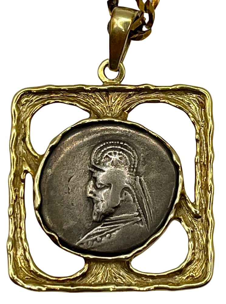 Ancient Parthian Coin with Custom 18K Gold Bezel: Ancient Coin of Parthian Emperor Orodes Roma Pendant-A Piece of History. Own a piece of ancient history with this authentic silver coin, expertly transformed into a stunning necklace. The custom bezel