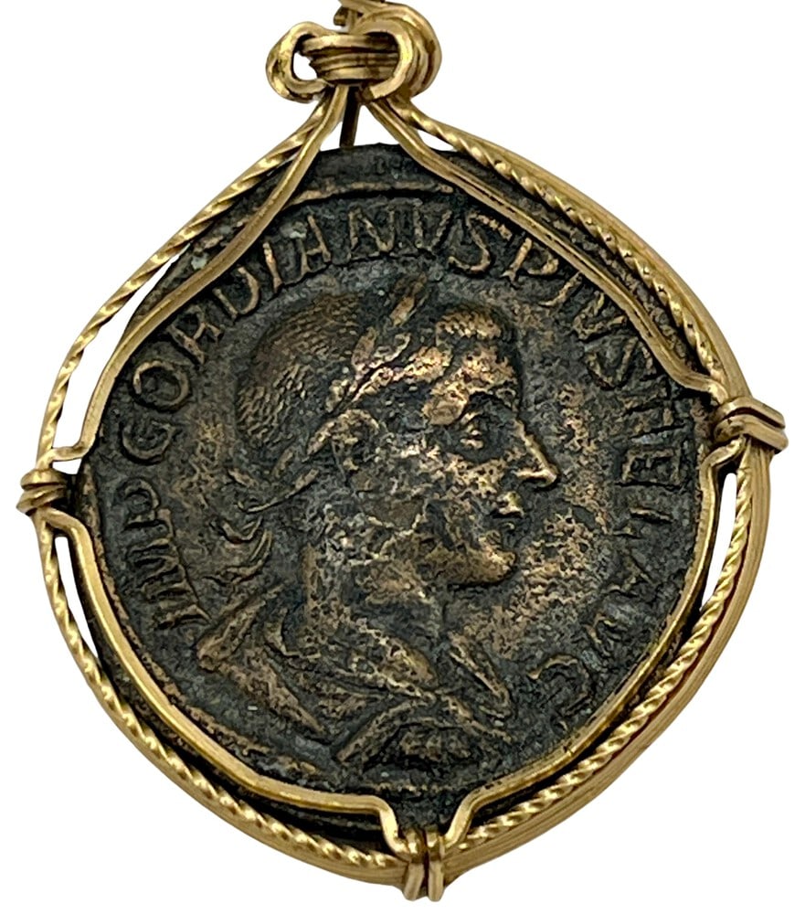 Emperor Gordianus Roman Coin Necklace: Ancient Coin of Emperor Gordianus and Felicitas Pendant-A Piece of History. Own a piece of ancient history with this authentic bronze coin, expertly transformed into a stunning pendant. (#34)Genuine a