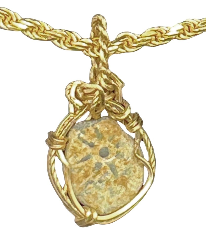 Ancient Widow's Mite Coin Pendant: Ancient Bronze Widow's Mite Coin Pendant-A Piece of HistoryOwn a piece of ancient history with this authentic bronze coin, expertly transformed into astunning pendant. (#330) Features:Genuine ancient