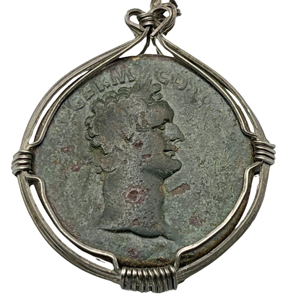 Emperor Domitian Roman Coin Pendant: Acquire a piece of ancient history with this genuine bronze coin, featuring Emperor Domitian, masterfully converted into an exquisite pendant necklace. A very rare and significant piece of history! 