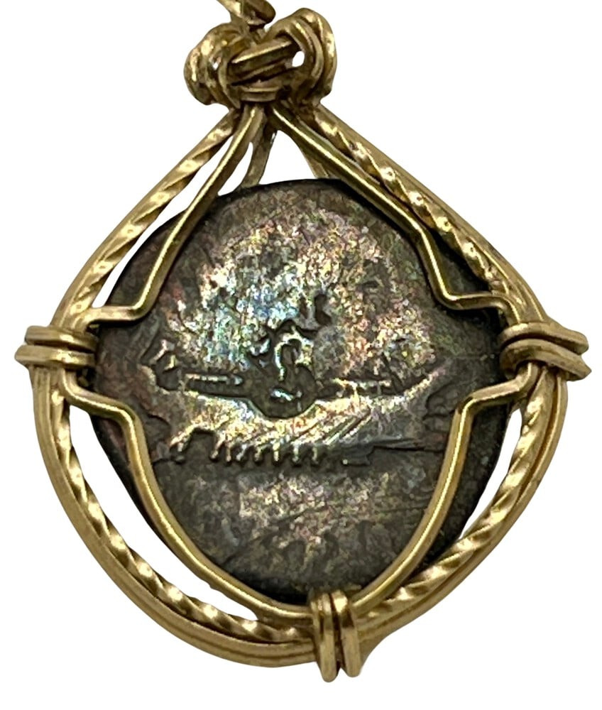 Rare Quadreme Roman War Ship: Acquire a piece of ancient history with this genuine silver coin, featuring the amazing war ship that was used in the battle between Egypt and Rome, masterfully converted into an exquisite pendant nec
