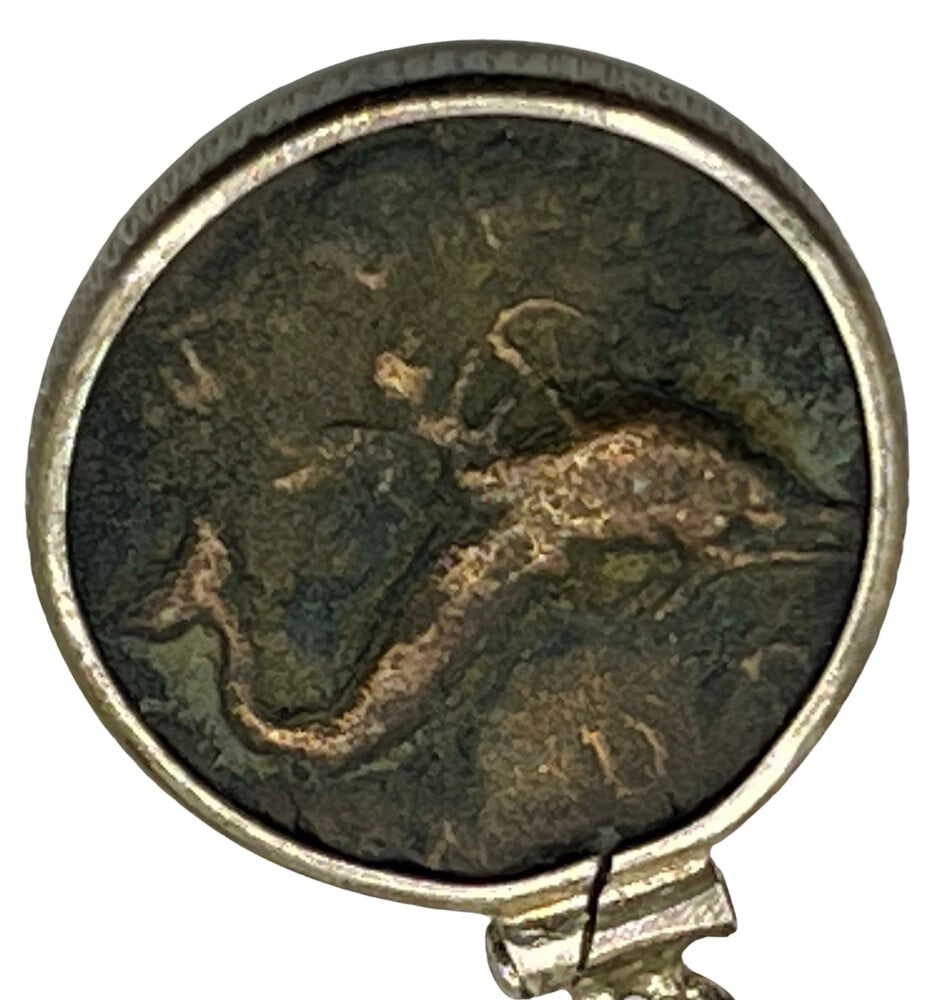 Dolphin and Athena Ancient Coin: Acquire a piece of ancient history with this genuine bronze coin, featuring a dolphin on one side and Athena on the other, masterfully converted into an exquisite pendant necklace. A very rare and sig