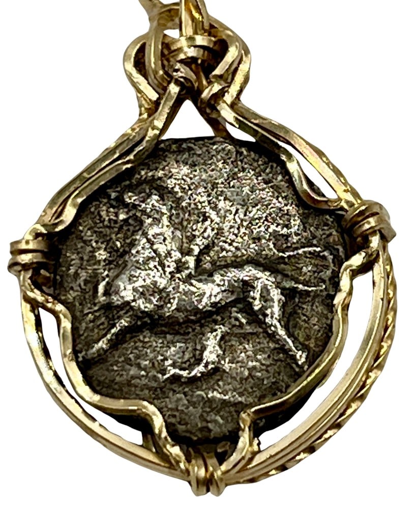 Ancient Greek Chimera and Dove Coin: Greek Chimera (dragon) and Dove, authentic silver coin, expertly transformed into a stunning pendant necklace (#257).Genuine ancient silver coin (circa 360 BCE).Beautifully mounted in a pendant settin