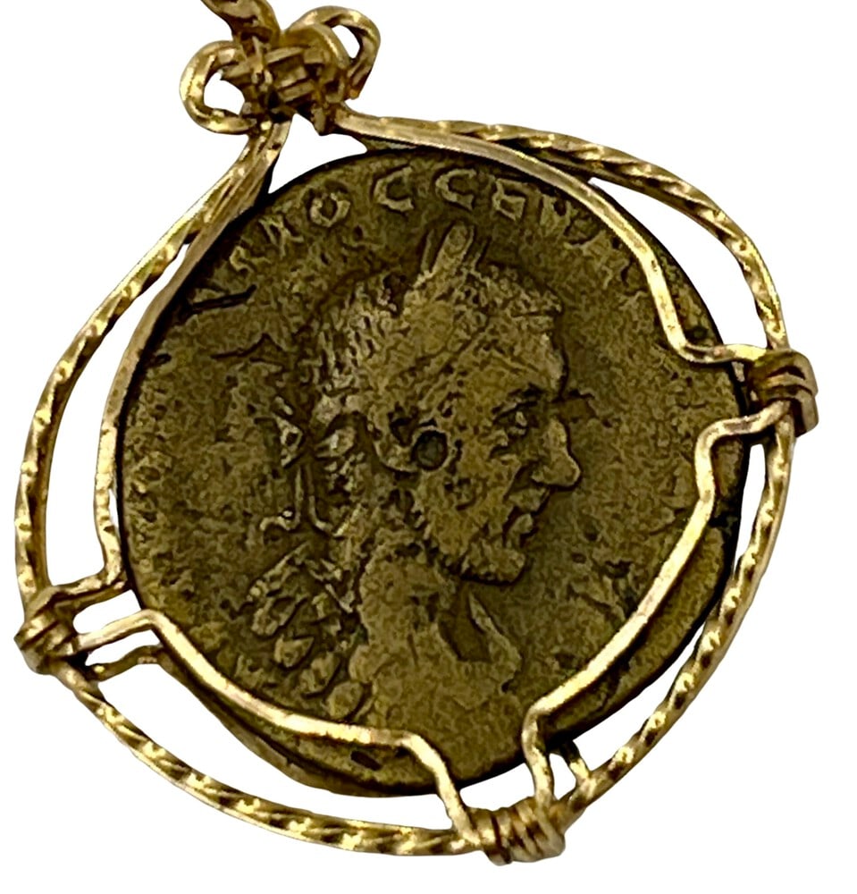Roman Emperor Macrinus Coin Pendant: Ancient Coin of Emperor Macrinus Pendant-A Piece of History.Own a piece of ancient history with this authentic bronze coin, expertly transformed into a stunning pendant (#33).Genuine ancient bronze co