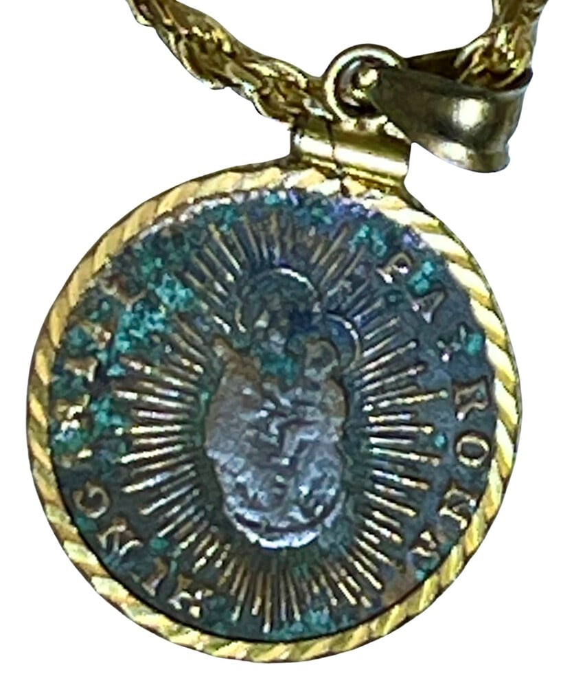 Mary and Baby Jesus Coin 1763: Antique Bronze Baby Jesus Coin Pendant-A Piece of History.Own a piece of ancient history with this authentic bronze coin, expertly transformed into a stunning pendant. Genuine ancient bronze coin (dat
