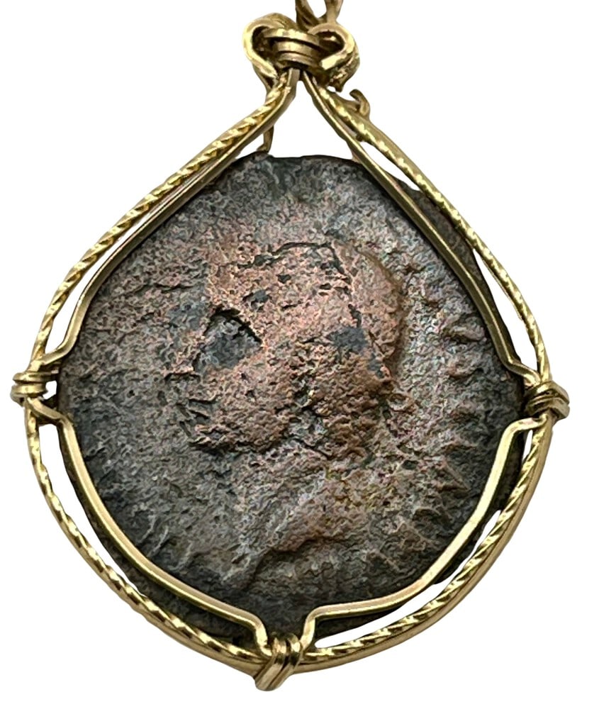 Roman Emperor Caesar Augustus Coin Pendant: Acquire a piece of ancient history with this genuine bronze coin, featuring Augustus Caesar, masterfully converted into an exquisite pendant necklace. A very rare and significant piece of history