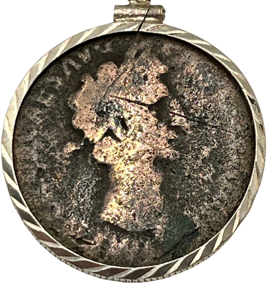Rare Roman Coin of Tiberius as Pendant Necklace: Acquire a fragment of ancient history with this genuine bronze coin, featuring Emperor Tiberius, masterfully converted into an exquisite pendant necklace (#269).- Authentic ancient bronze coin (circa