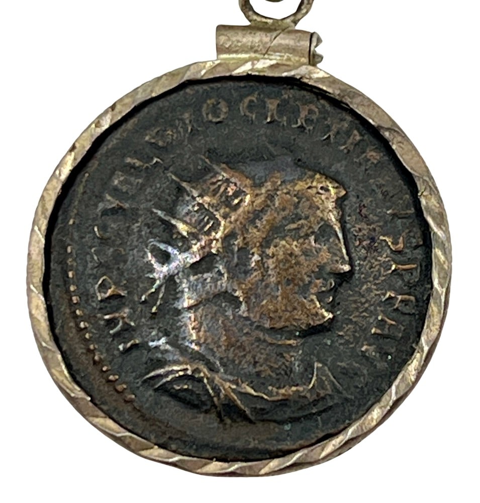 Roman Coin of Emperor Diocletian as Pendant Necklace: Ancient Coin of Emperor Diocletian Pendant-A Piece of History.Own a piece of ancient history with this authentic bronze coin, expertly transformed into a stunning pendant (#74A).Genuine ancient