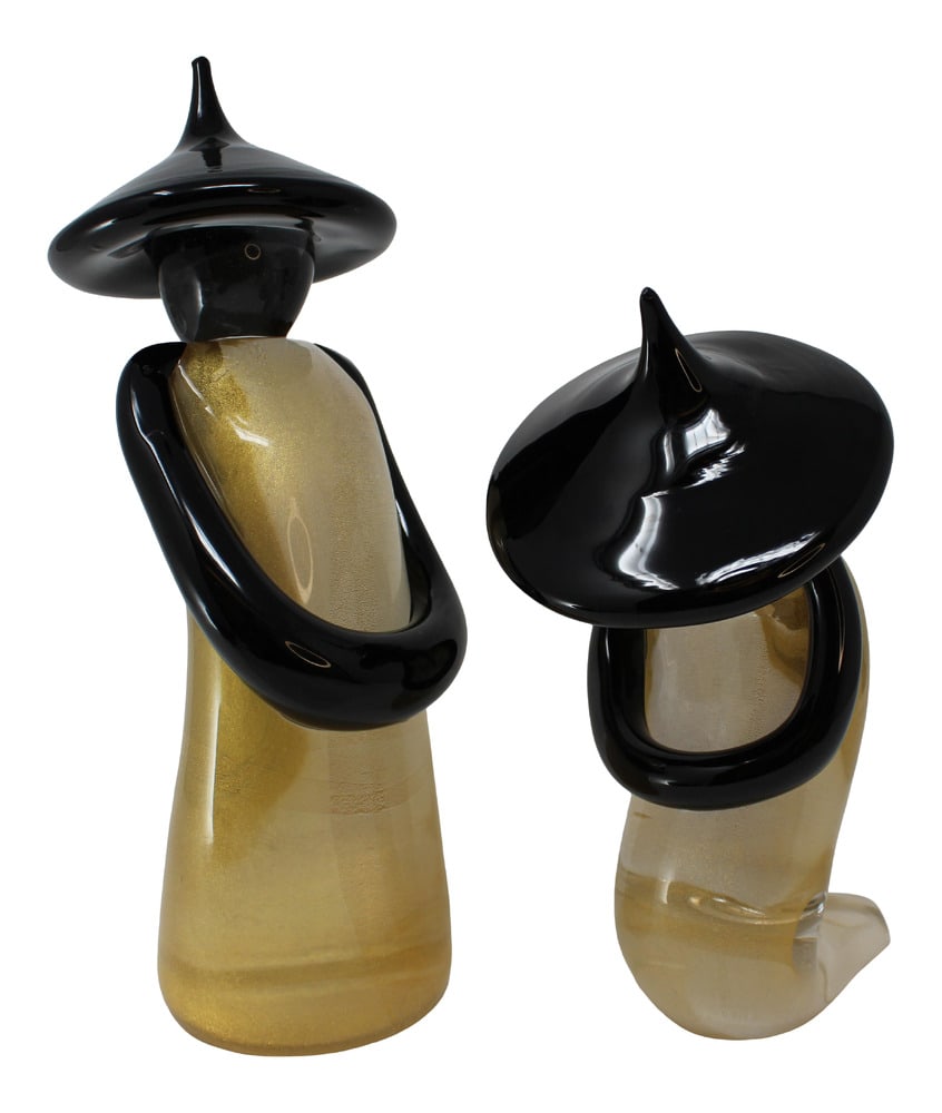 Chinese Figurines from Murano: This pair of Murano Glass Chinese were beautifully designed and feature glass with 24K gold dust infused into it. Both pieces are marked by the Beltrami furnace in Murano. The taller piece is 10.5"