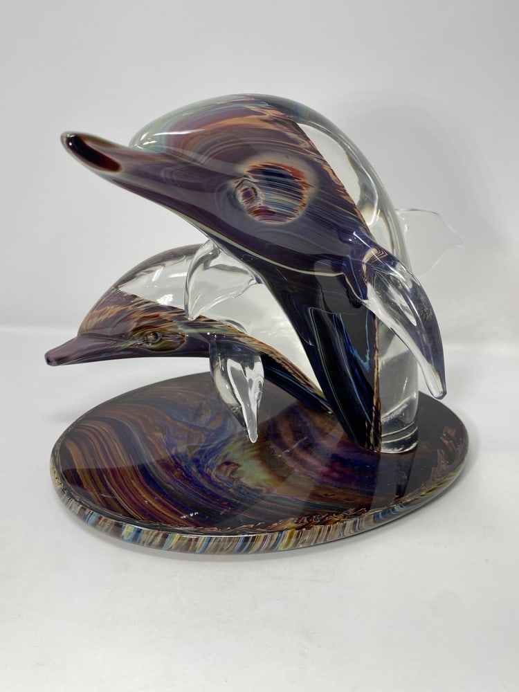 Twin Dolphins Murano Glass Sculpture: Impressive and beautiful Murano Glass Sculpture of Two Dolphins, created by one of Murano's top Glass Masters. Features calcedonia glass, which makes amazing color combinations. Measures 11" x 10".