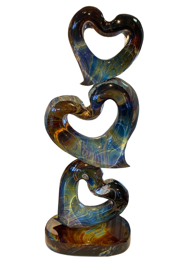 Three Hearts Sculpture from Murano, Italy: Fabulous Murano Glass Sculpture "Three Hearts" by one of Murano's top Glass Masters. Very large and the perfect piece for that special work of art. Made with caldeconia glass, which features