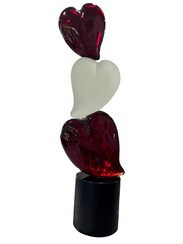 Three Hearts Murano Glass Sculpture by A. Barbaro: This beautiful hand-formed sculpture was created by Murano Glass Master A. Barbaro. It is very large, measuring 32" tall. Features amazing red and white colors. Signed by the artist. Would retail for