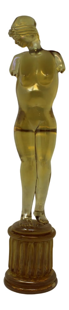 Female Venus Statue From by Martino Signoretto of Murano: Impressive hand-formed glass sculpture by noted glass master Martino Signoretto. Beautiful amber coloring. An impressive work of art for any home. Stands 19.5" tall!