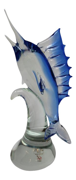 Blue Marlin Sculpture by Wave Murano Glass: Beautiful handmade Murano Glass Marlin created by Glass Master Roberto Beltrami. Signed by Maker. 16" tall.