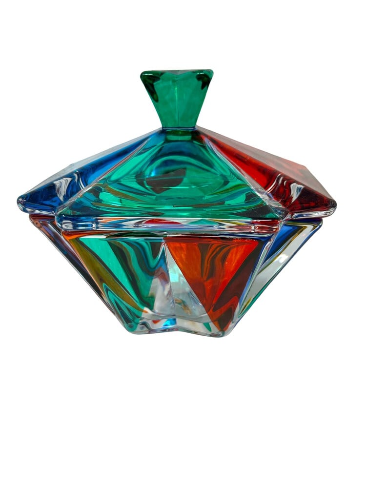 Venetian Hand Painted Compote: This lovely compote or sugar bowl with lid features incredible colors and would be a wonderful addition to any home. Handcrafted in Italy of fine cut crystal and beautifully hand painted by Venetian