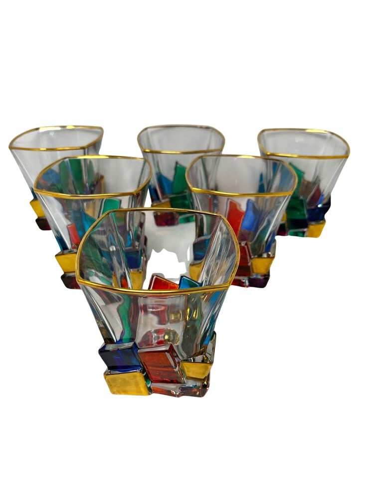 Venetian Hand Painted Whiskey Glasses, Set of 6: This lovely set of whiskey glasses features incredible coloring and would be a wonderful addition to any home. Handcrafted in Italy of fine cut crystal and beautifully hand painted by Venetian artisan