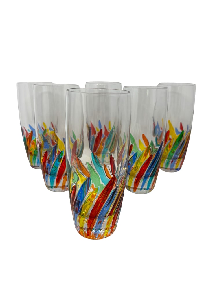 Venetian Water Glasses, Set of 6: This lovely set of 6 water glasses features incredible coloring and would be a wonderful addition to any home. Handcrafted in Italy of fine cut crystal and beautifully hand painted by Venetian artisan