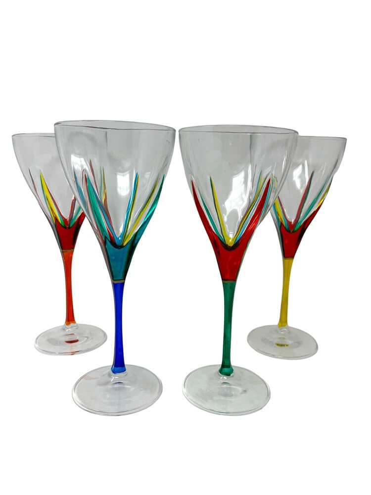 Hand Painted Venetian Wine Glasses, Set of 4: This lovely set of 4 wine glasses features incredible colors and would be a wonderful addition to any home. Handcrafted in Italy of fine cut crystal and beautifully hand painted by Venetian artisans i
