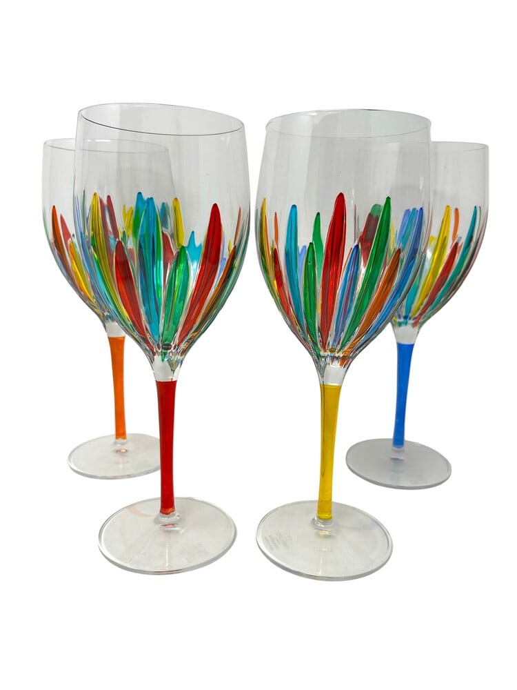 Hand Painted Venetian Wine Glasses, Set of 4: This lovely set of 4 wine glasses features incredible colors and would be a wonderful addition to any home. Handcrafted in Italy of fine cut crystal and beautifully hand painted by Venetian artisans i