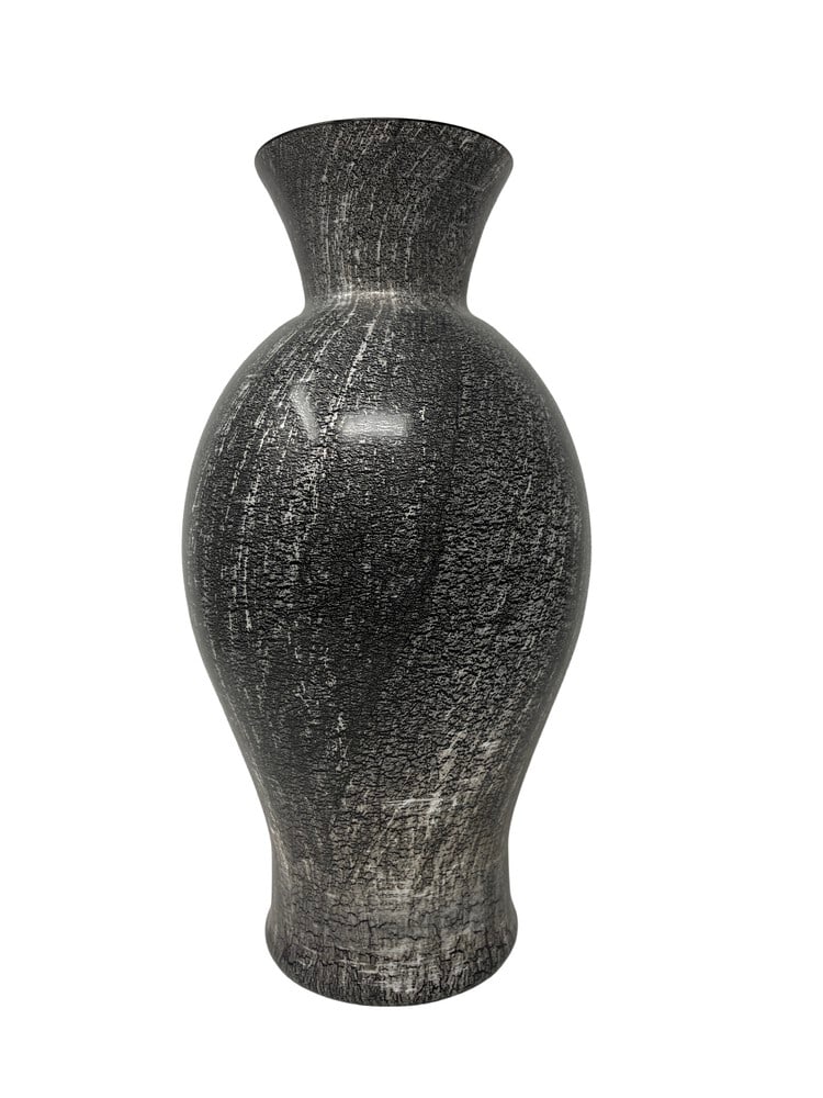 Venini Lucenti Classic Vase in Silver Grey: This beautiful Murano Glass vase is created by the furnaces of Venini. It features a beautiful metallic finish that mixes various colors from light to dark silver. Signed and dated. Measures 13.75"